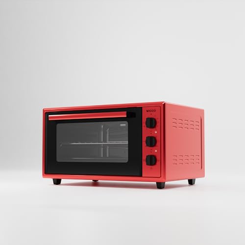 Wiggo Mini Backofen 45 Liter - 2000 Watt, Max. 250°C Hitze, 90 Min Timer, Inkl. Backblech, Grillrost & Drehspieß - Kompakt & Vielseitig (Rot)