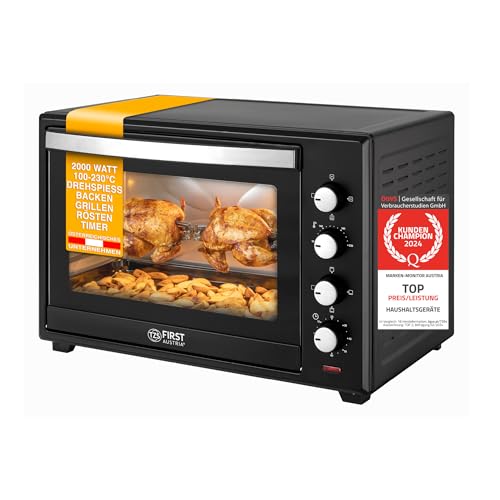 TZS First Austria Minibackofen 60l I 2000W I Umluft + Drehspieß I 4 Heizelemente I Temperaturbereich bis 230...