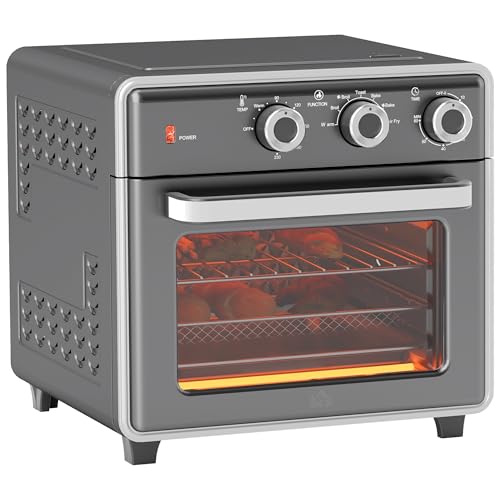 HOMCOM Minibackofen mit Umluft 20L Mini Ofen mit Backblech, Grillrost und Krümelblech, 90 °C-230 °C Heißluftfritteuse mit 5 Modi, Frittierkorb, 60 Min. Timer, 1400W, Metall