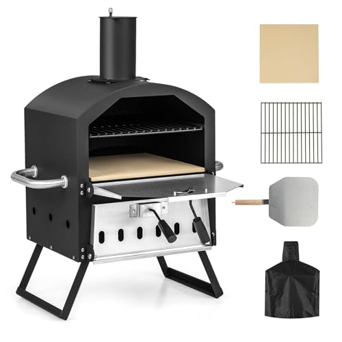 KOMFOTTEU Pizza Offen Outdoor, Pizzaofen 600℃, Tragbarer Holzofen aus Edelstahl, Pizza Backofen 2 Stufen für Garten, Mini oven mit Pizzastein Pizzaschaufel Grillrost wasserdichter Deckel