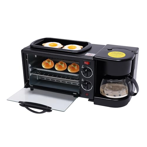 3 IN1 Minibackofen mit Umluft und Kochplatten Miniküche Frühstücksmaschine, kann Kuchen, Würstchen, Steaks, Kaffee Tee auf einmal zubereiten und wird häufig für Frühstück, Brunch, 45*18*26cm Schwarz