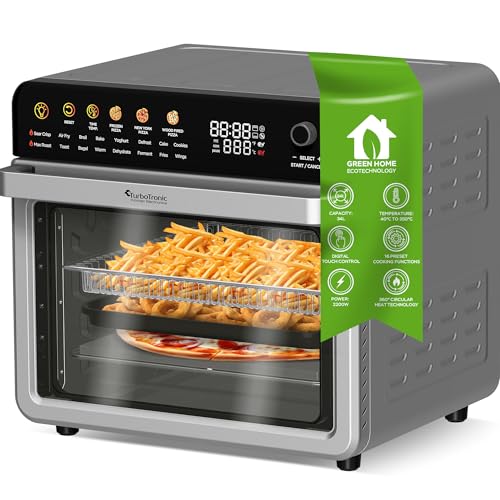 TurboTronic Multi-Smart-Ofen - 16in1 Heißluftofen & Dörrautomat 2200W Power 34L bis 6kg Pommes Backofen mit Dörrfunktion 40-350°C Drehspieß Grill Airfryer kleine Tisch Pizzaofen